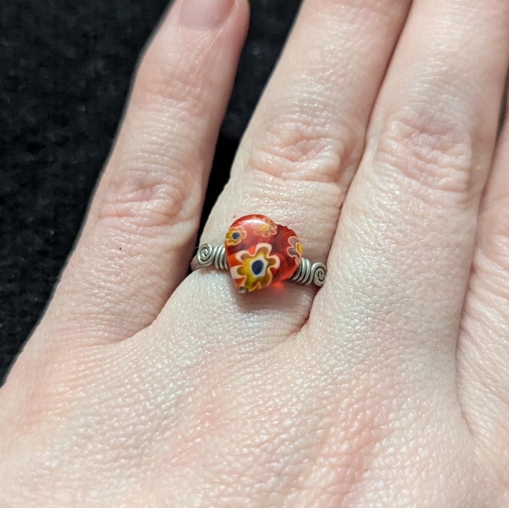 Silver Tone Red Mille Floral Glass Heart Statement Ring - Size 7